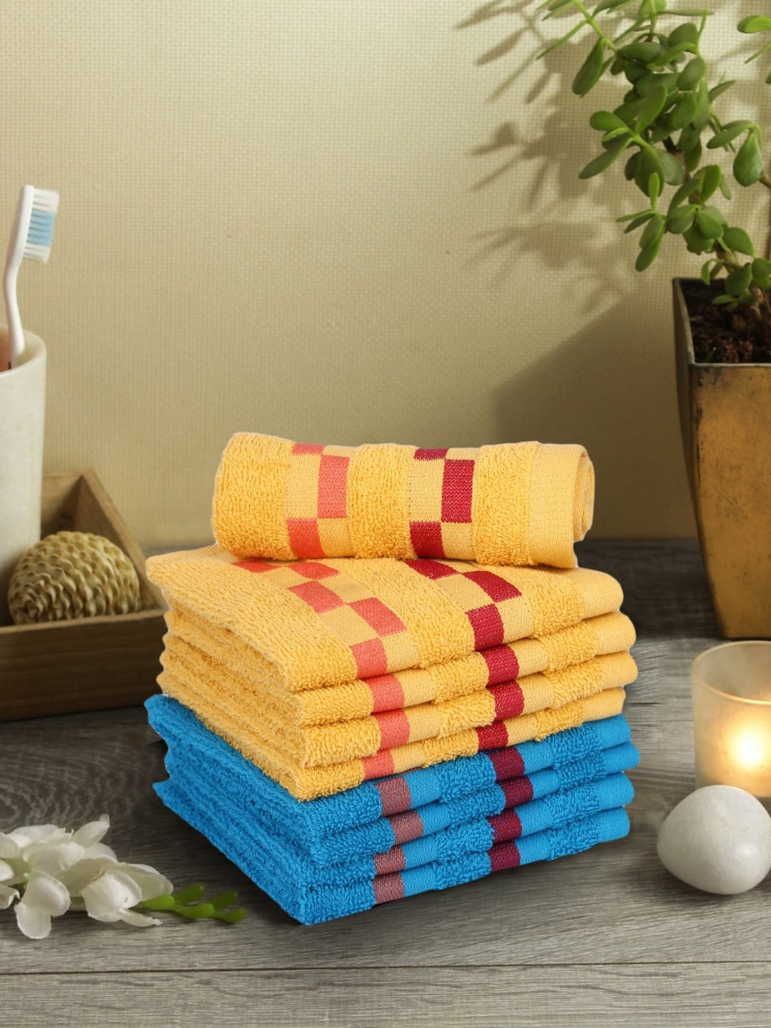 

BIANCA Set Of 8 Blue & Yellow Striped Mercerized Combed Cotton Face Towels