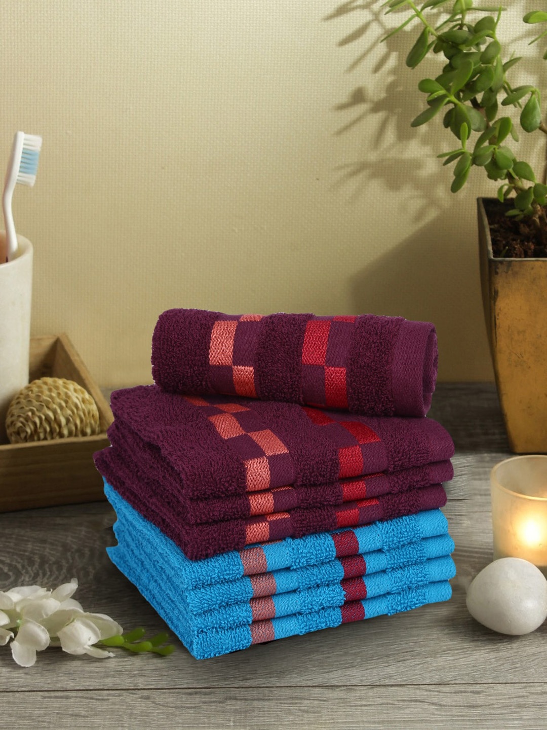 

BIANCA Pack Of 8 Blue & Burgundy Mercerized Combed Cotton Bumpy-Stripes Face Towels