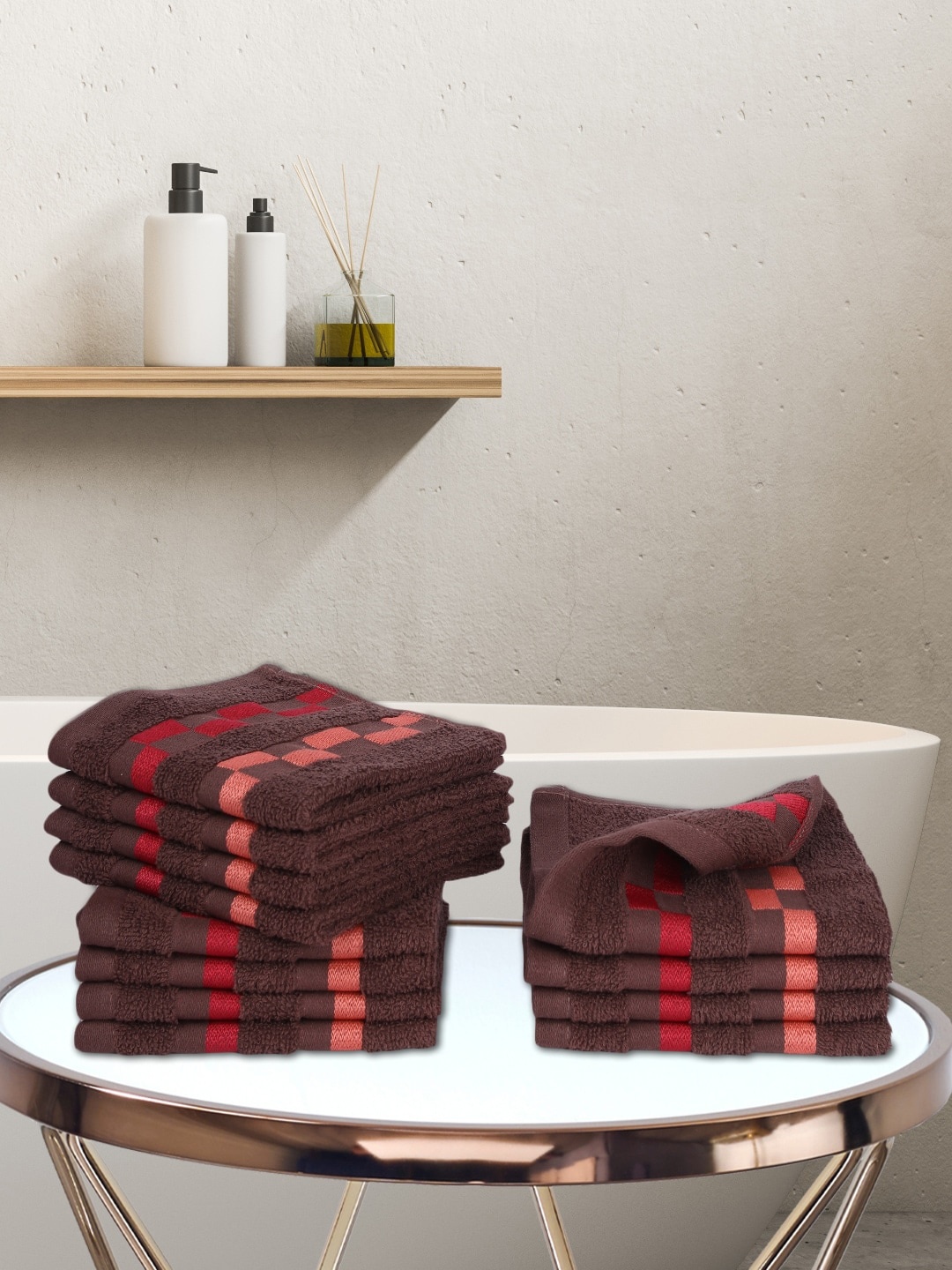 

BIANCA Set Of 12 Brown Striped Mercerized Combed Cotton Face Towels