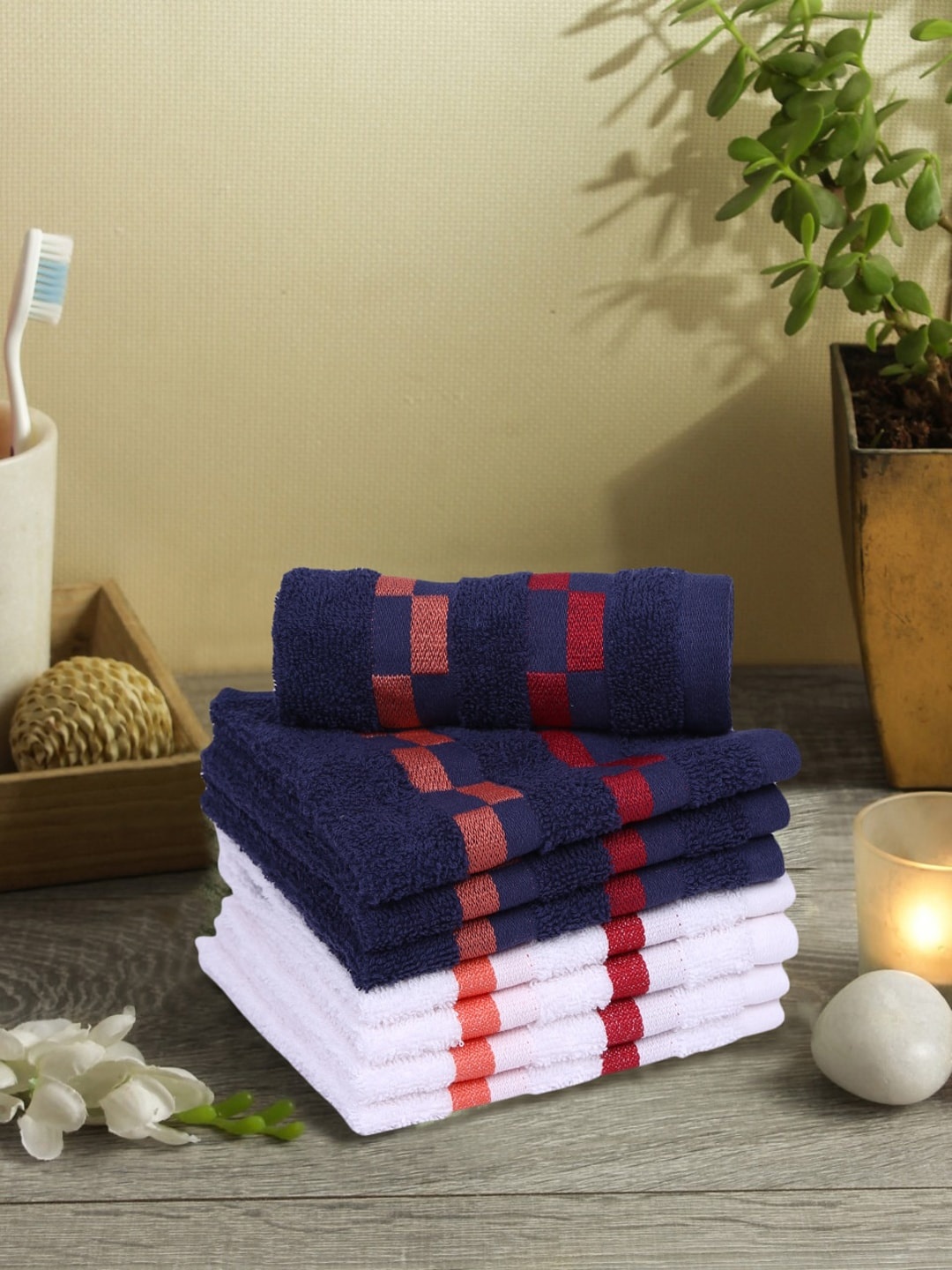

BIANCA Set Of 8 Navy Blue & White 450 GSM Pure Mercerized Combed Cotton Face Towels