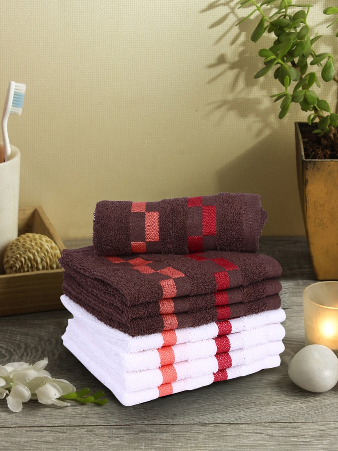 

BIANCA Set Of 8 Brown & White Striped Mercerized Combed Cotton Face Towels