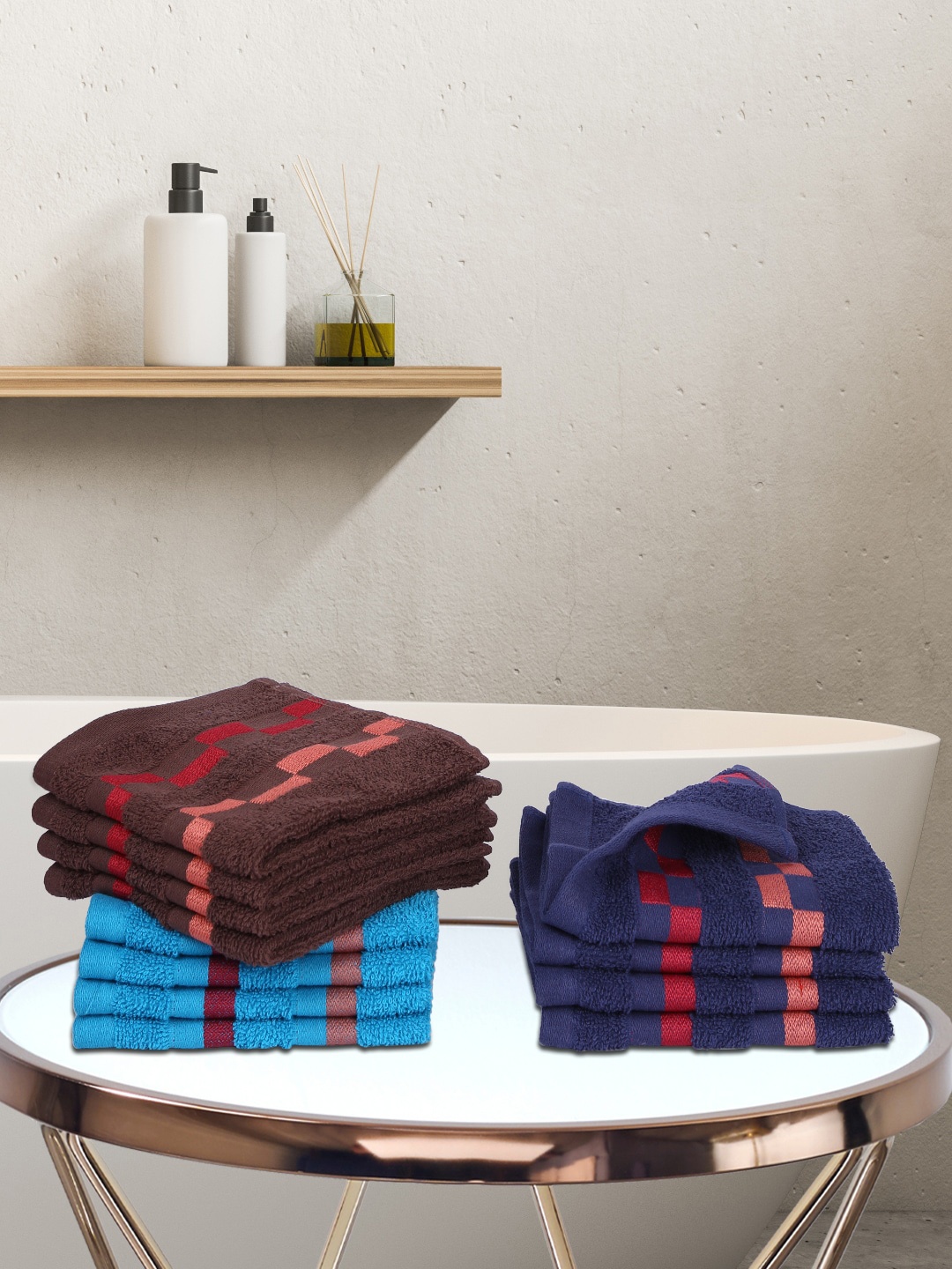 

BIANCA Set Of 12 Striped Mercerized Combed Cotton Face Towels, Navy blue