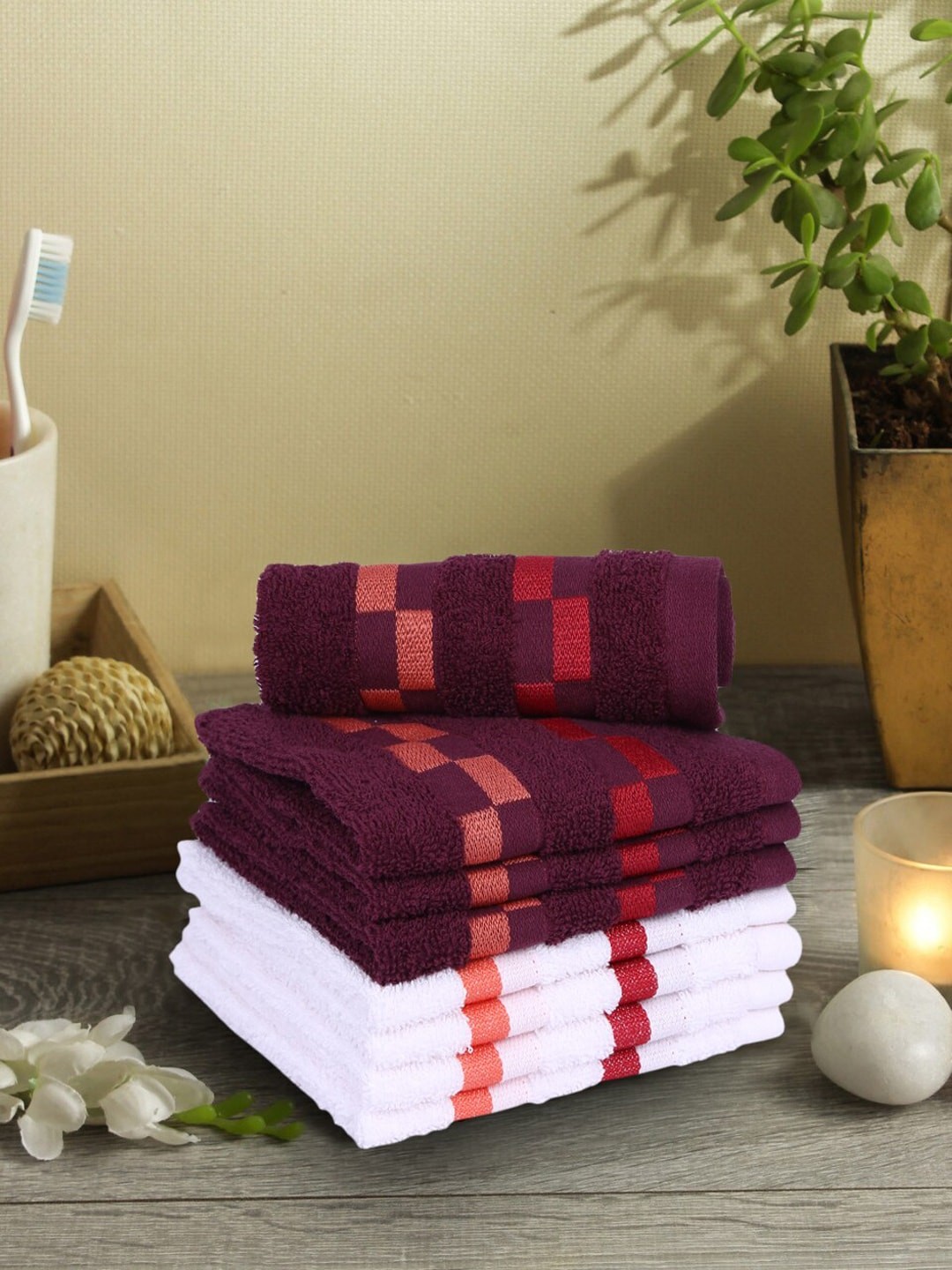 

BIANCA Set Of 8 Purple & White Striped Mercerized Combed Cotton Face Towels
