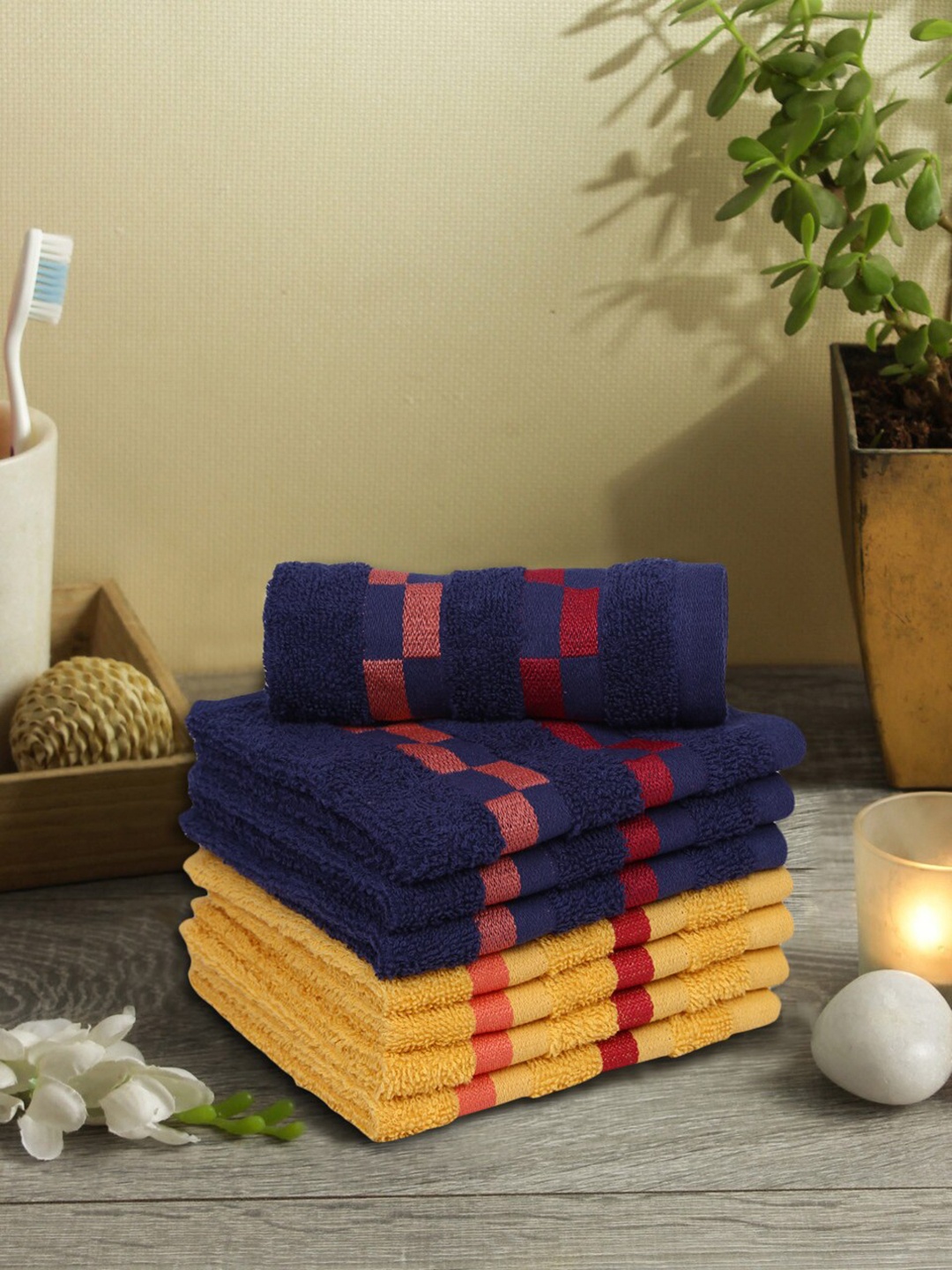 

BIANCA Set Of 8 Yellow & Navy Blue 450 GSM Pure Mercerized Combed Cotton Face Towels