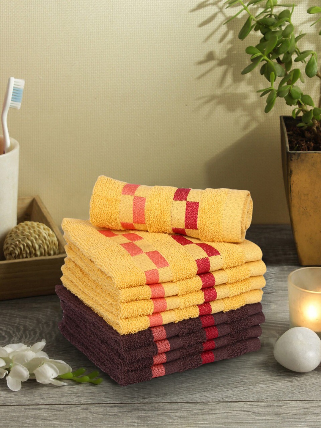 

BIANCA Set Of 8 Gold-Toned & Brown Striped Mercerized Combed Cotton Face Towels