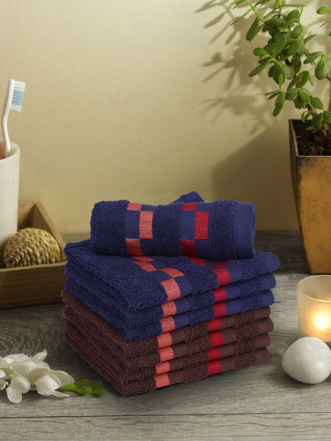 

BIANCA Pack Of 8 Mercerized Combed Cotton Bumpy-Stripes Face Towels, Navy blue