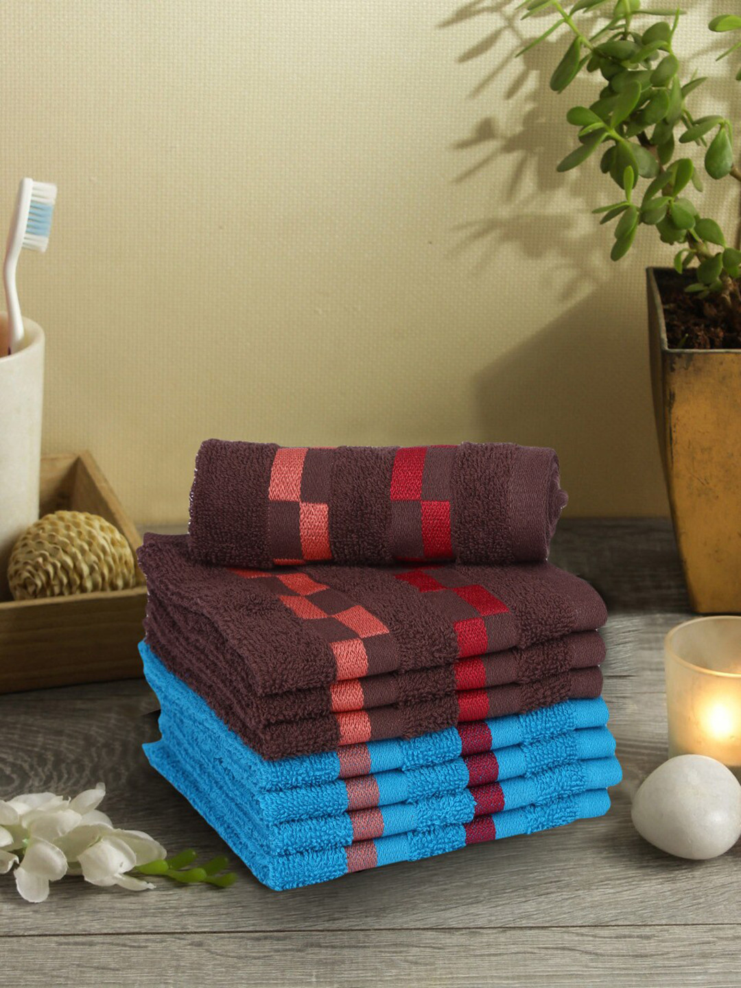 

BIANCA Set Of 8 Blue & Brown Striped Mercerized Combed Cotton Face Towels