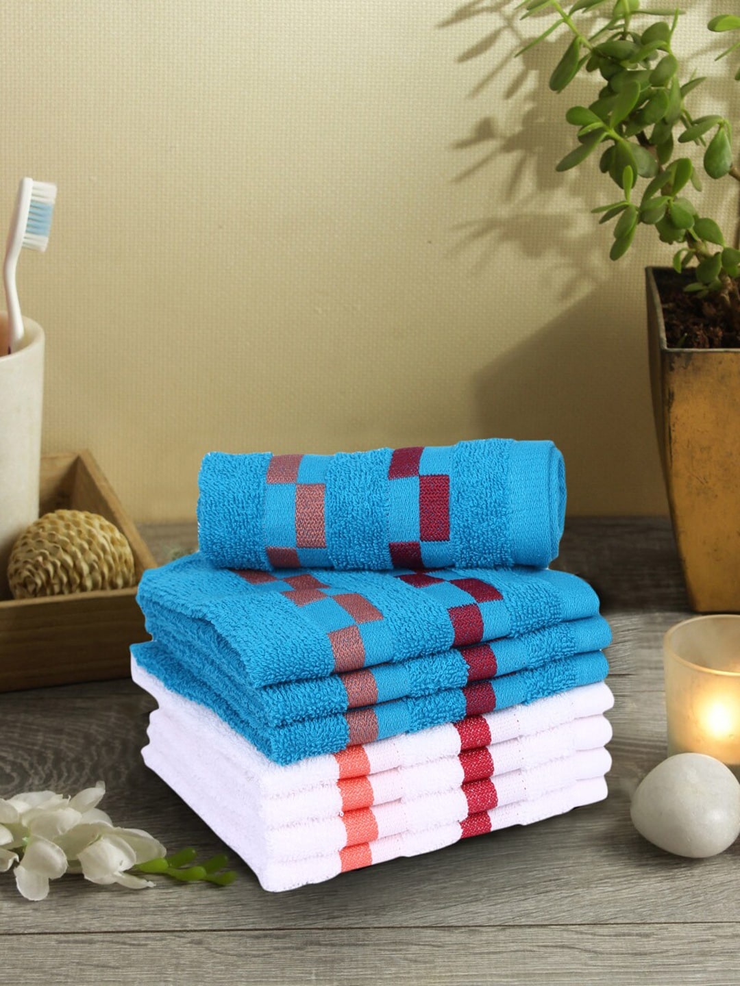 

BIANCA Pack Of 8 Mercerized Combed Cotton Bumpy-Stripes Face Towels, Blue