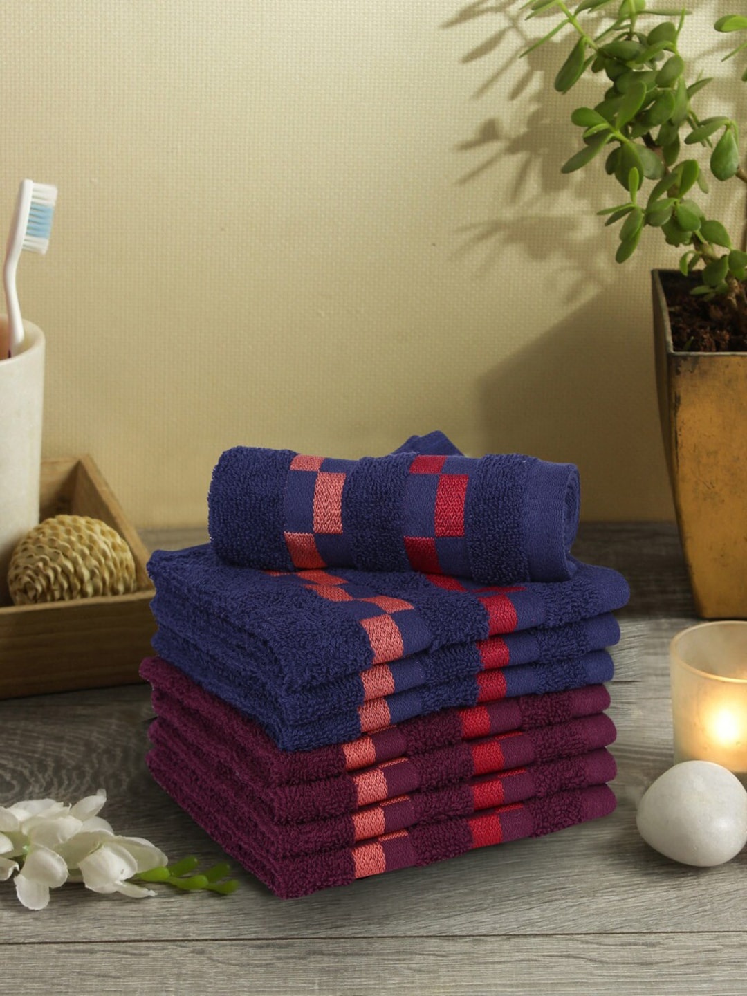 

BIANCA Set Of 8 Purple & Navy Blue Striped Mercerized Combed Cotton Face Towels