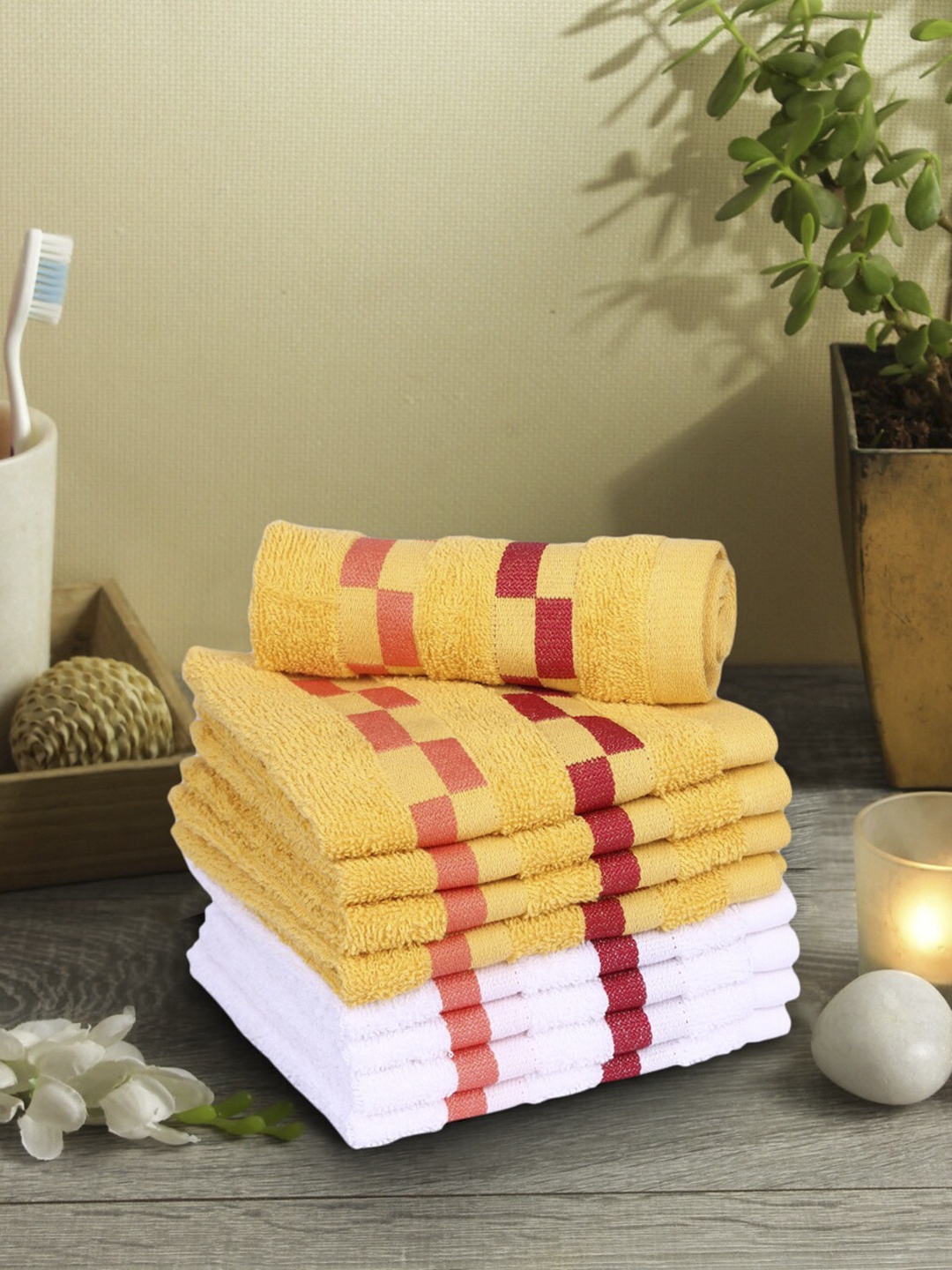 

BIANCA Set Of 8 Yellow & White 450 GSM Pure Mercerized Combed Cotton Face Towels