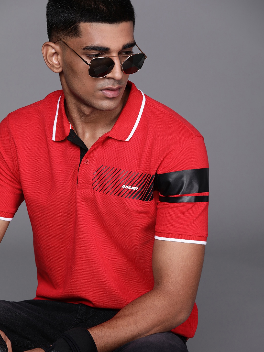 

Ducati Men Red Pure Cotton Placement Print Polo Collar Pure Cotton T-shirt