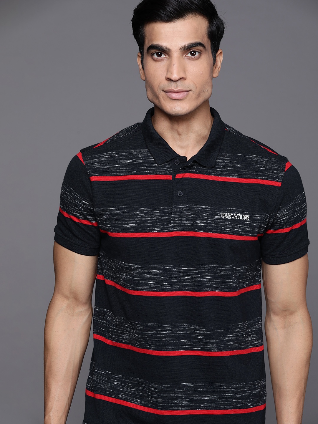 

Ducati Men Navy Blue & Red Melange Effect Striped Polo Collar T-shirt