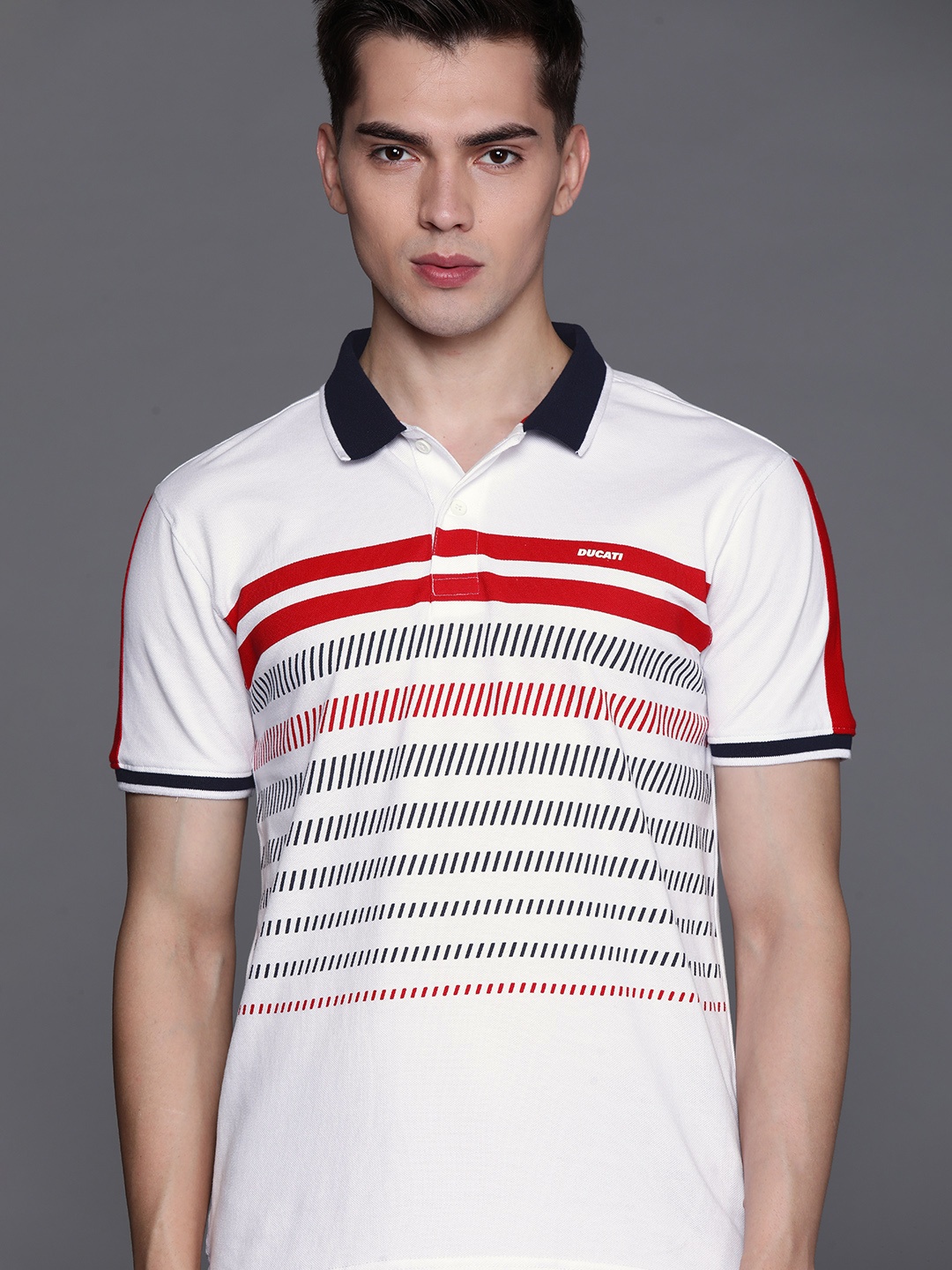 

Ducati Men White & Red Striped Cotton Polo Collar T-shirt