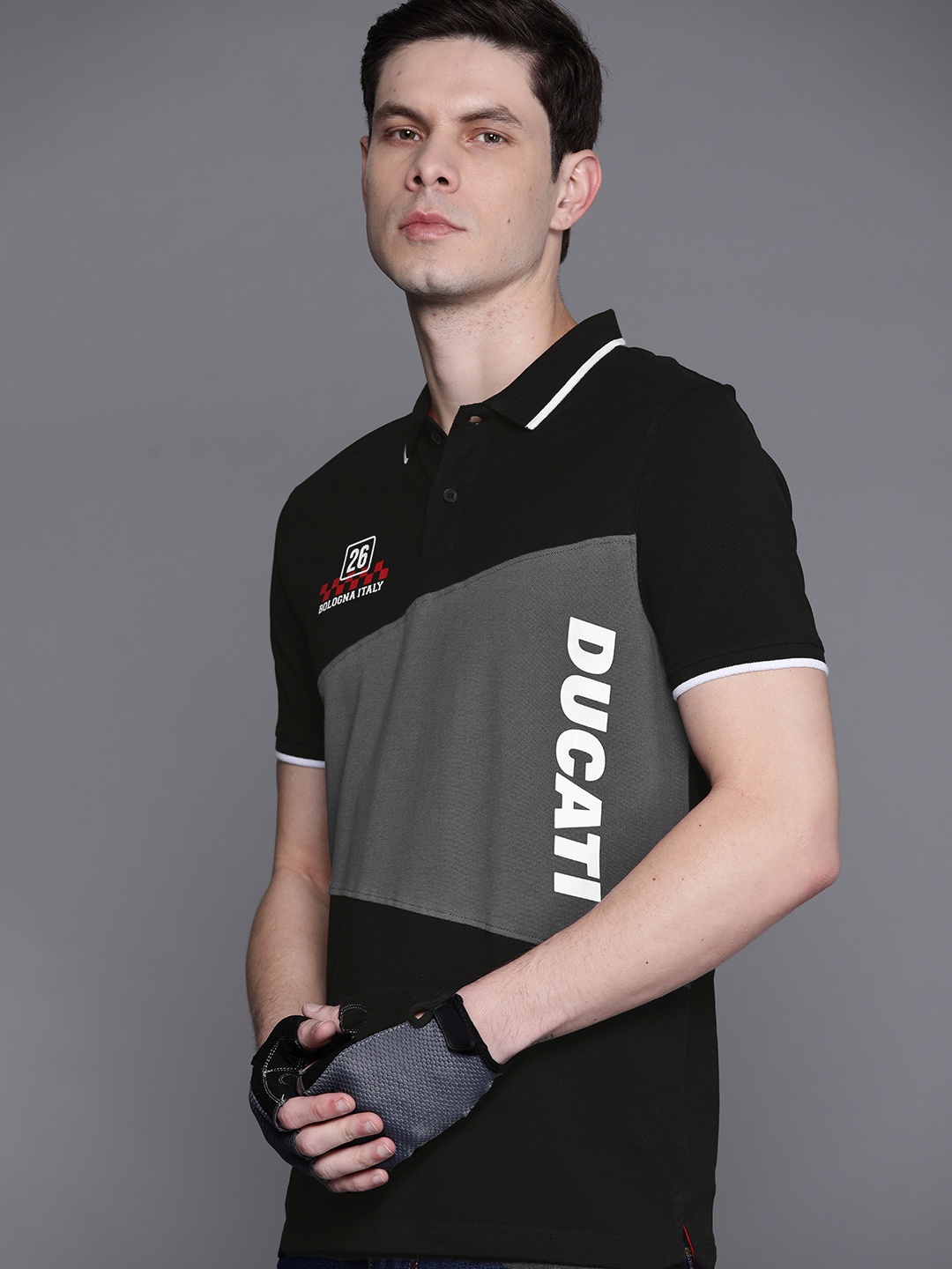 

Ducati Men Black Charcoal Grey Pure Cotton Colourblocked Polo Collar Pure Cotton T-shirt