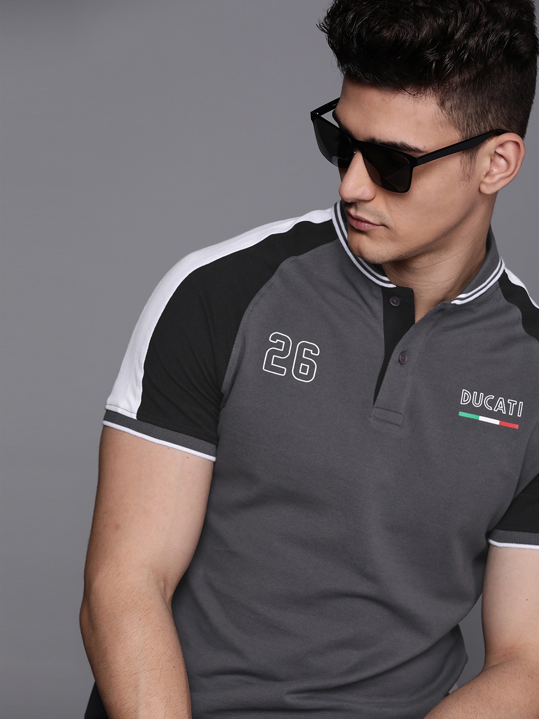 

Ducati Men Charcoal Grey Solid Pure Cotton Polo Collar T-shirt