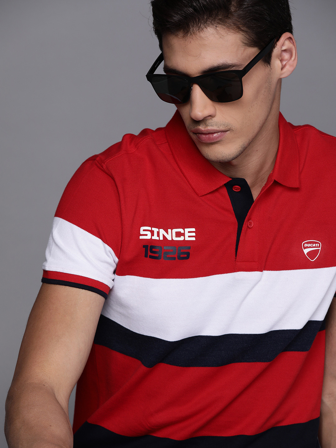 

Ducati Men Red & White Pure Cotton Striped Polo Collar T-shirt