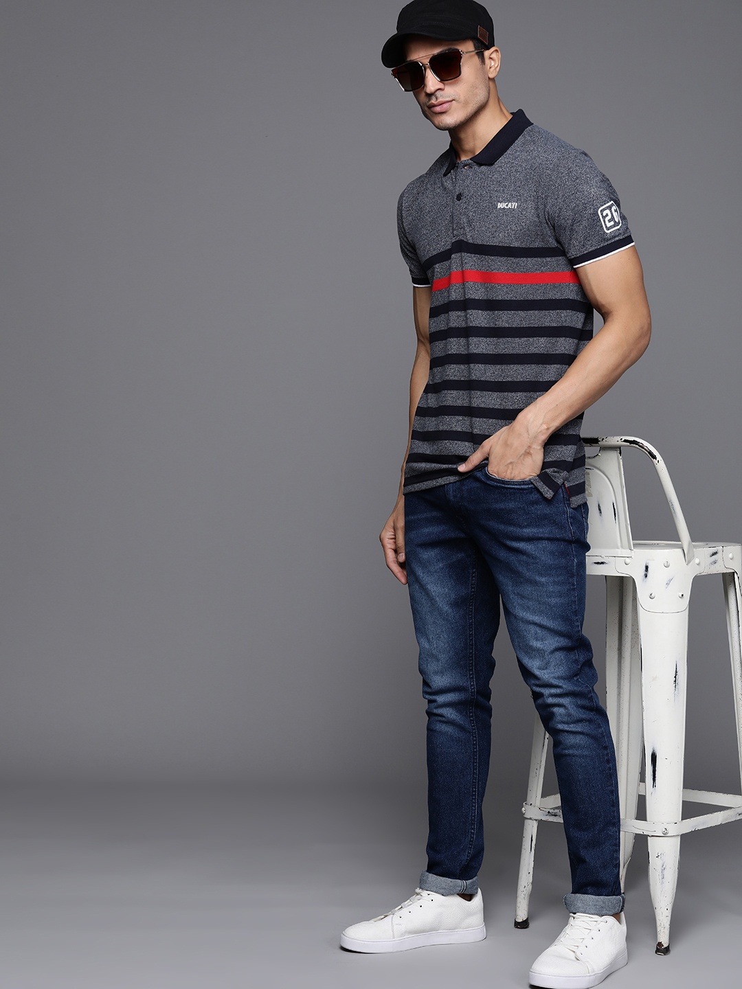 

Ducati Men Navy Blue & Red Striped Polo Collar T-Shirt