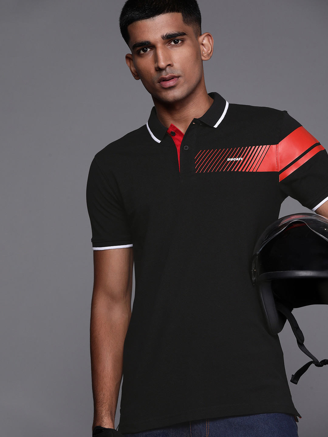 

Ducati Men Black Pure Cotton Placement Print Polo Collar Pure Cotton T-shirt