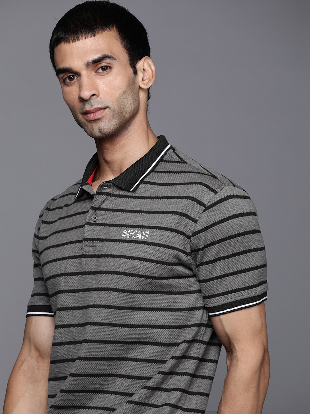 

Ducati Men Charcoal Grey & Black Striped Polo Collar T-shirt