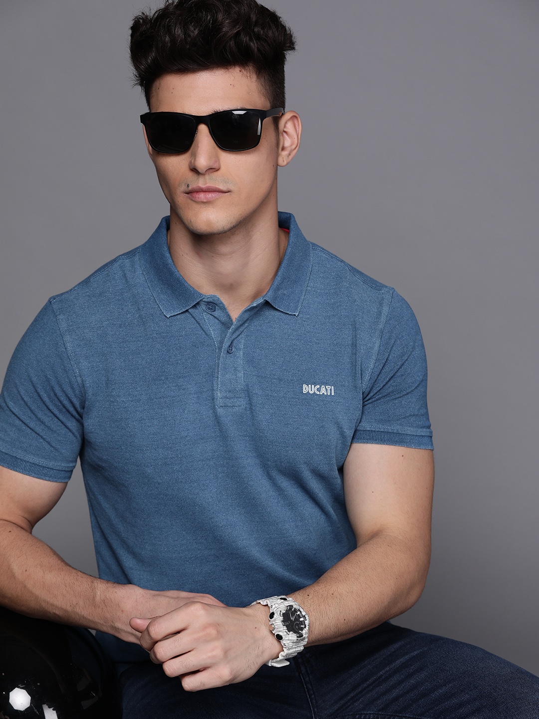 

Ducati Men Navy Blue Pure Cotton Solid Polo Collar T-shirt