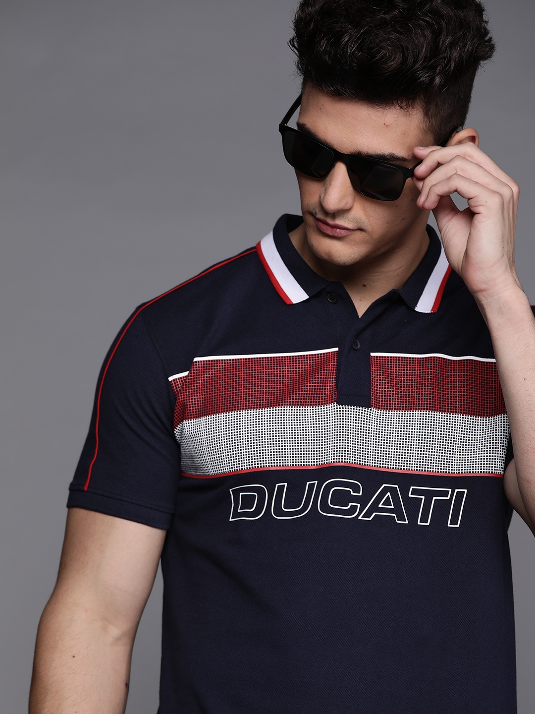 

Ducati Men Navy Blue & White Pure Cotton Printed Polo Collar T-shirt