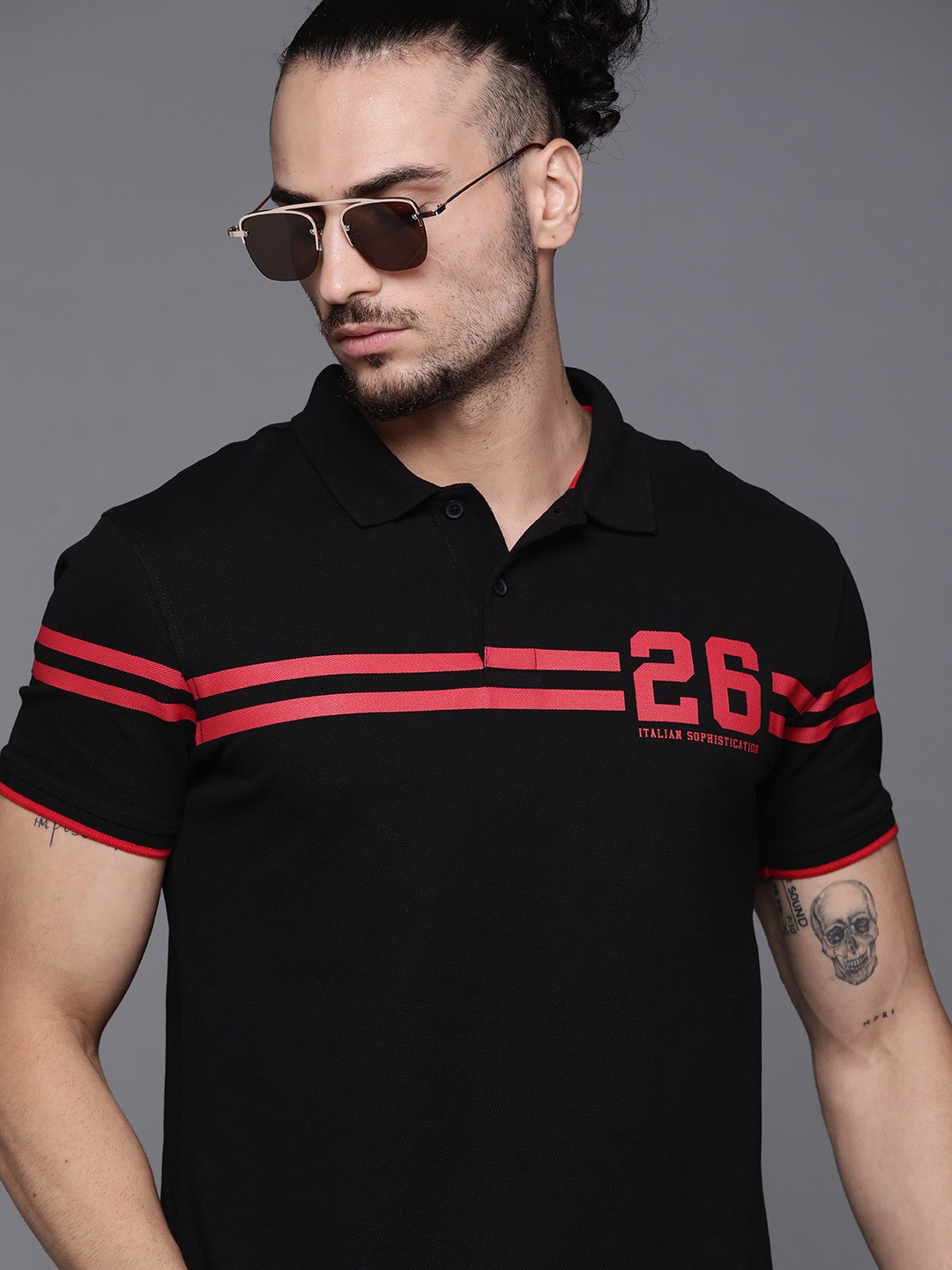 

Ducati Men Black Red Striped Pure Cotton Polo Collar Pure Cotton T-shirt