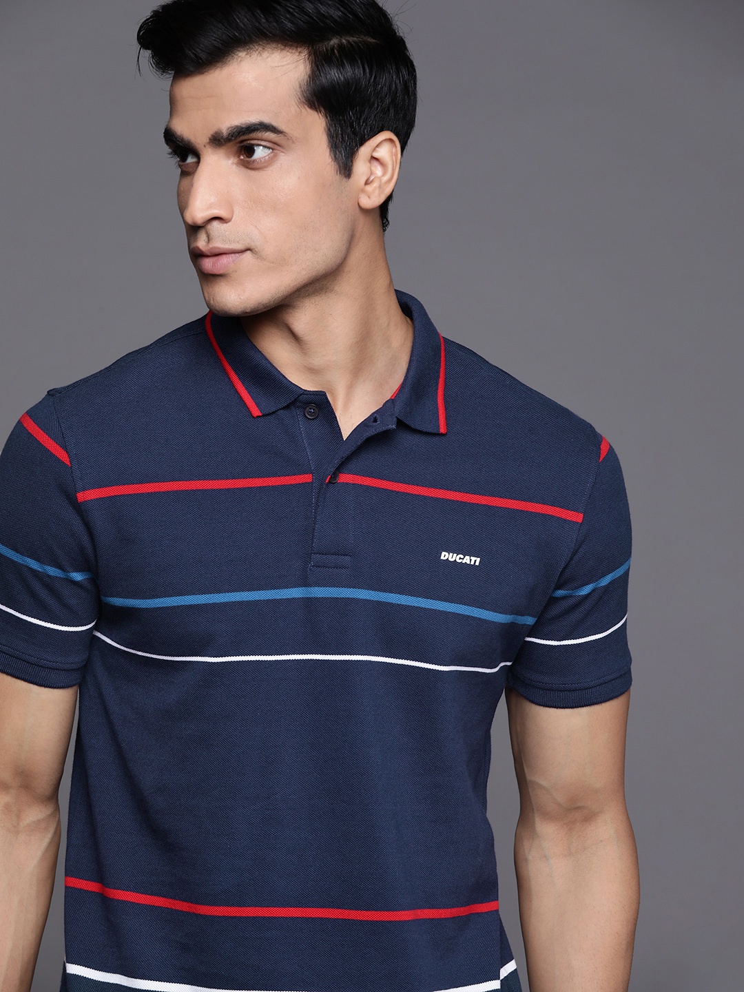 

Ducati Men Navy Blue & Red Striped Cotton Polo Collar T-shirt
