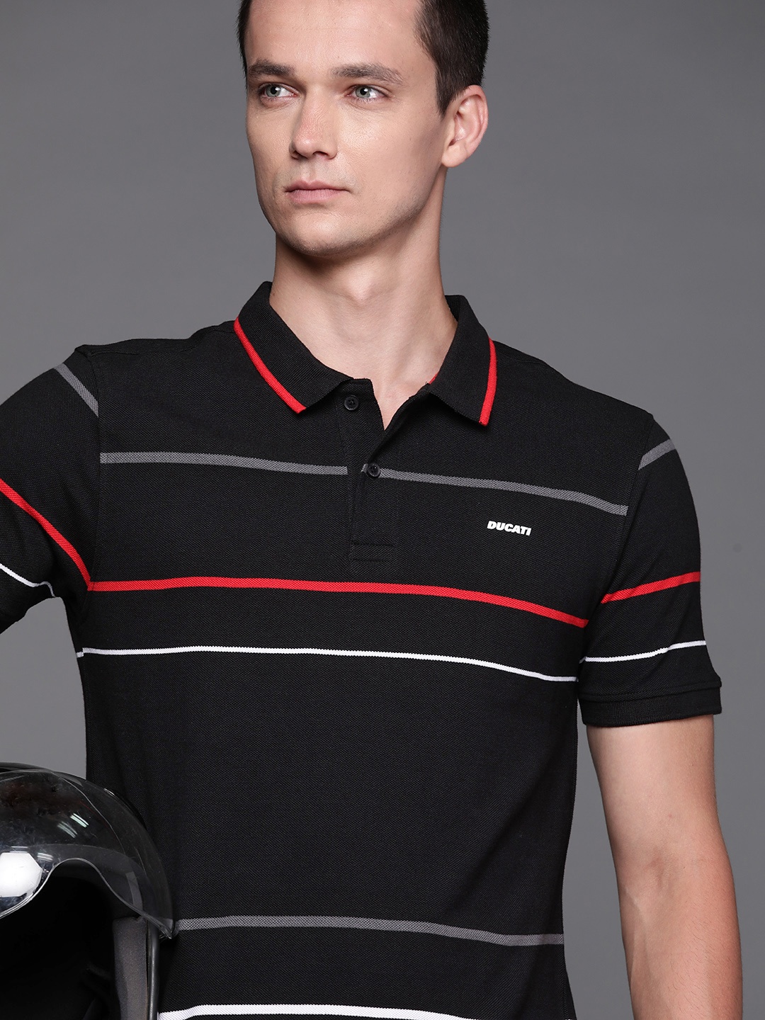 

Ducati Men Black & Red Striped Polo Collar Pure Cotton T-shirt