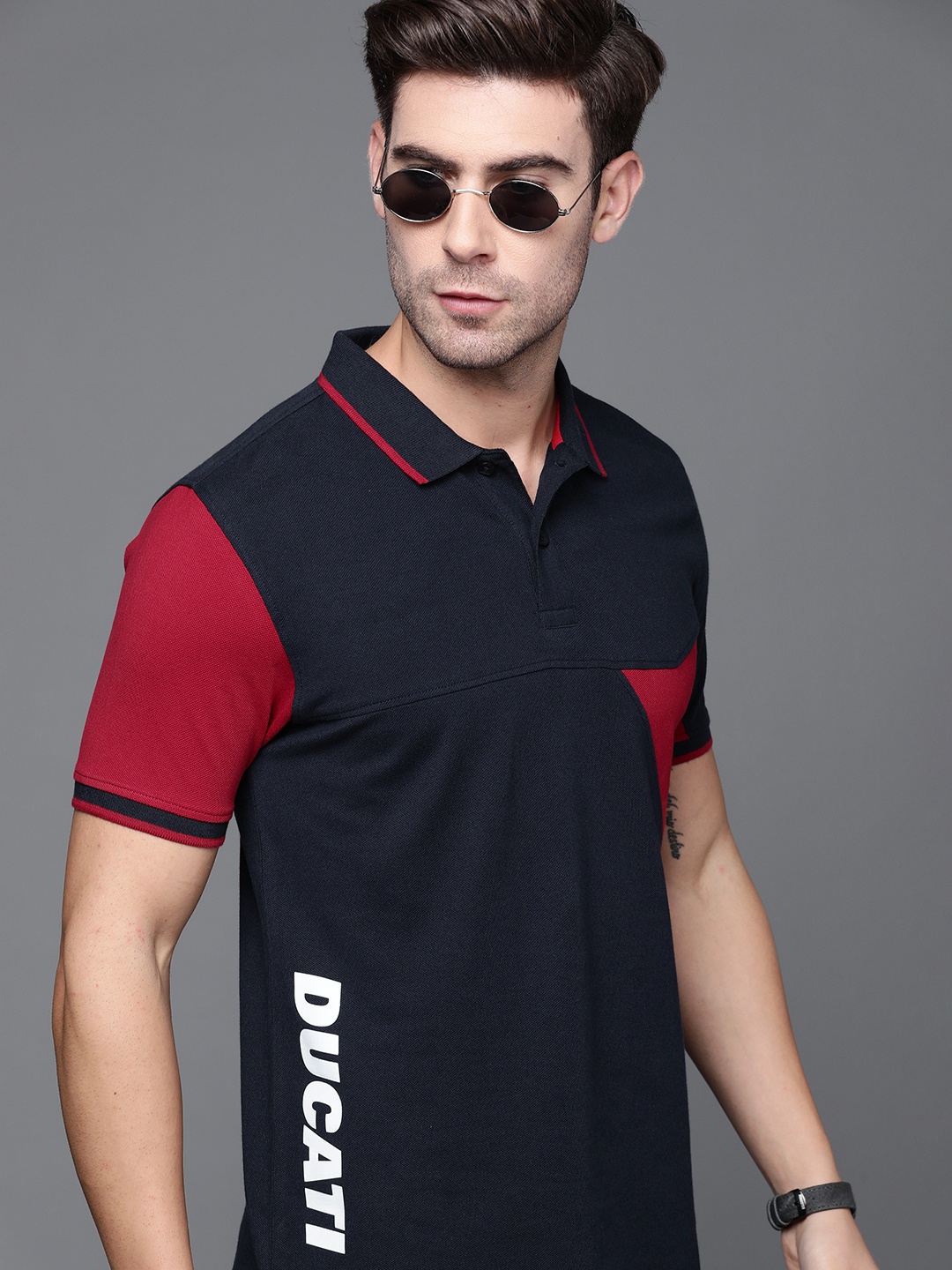 

Ducati Men Navy Blue Brand Logo Printed Polo Collar Pure Cotton T-shirt