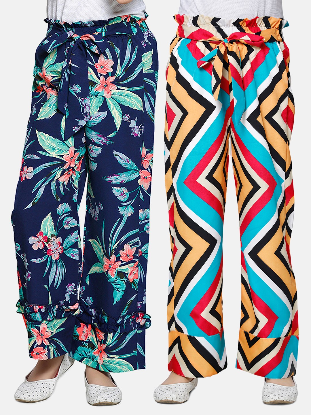 

Cutiekins Girls Blue & Peach-Coloured 3 Floral Printed Knitted Palazzos