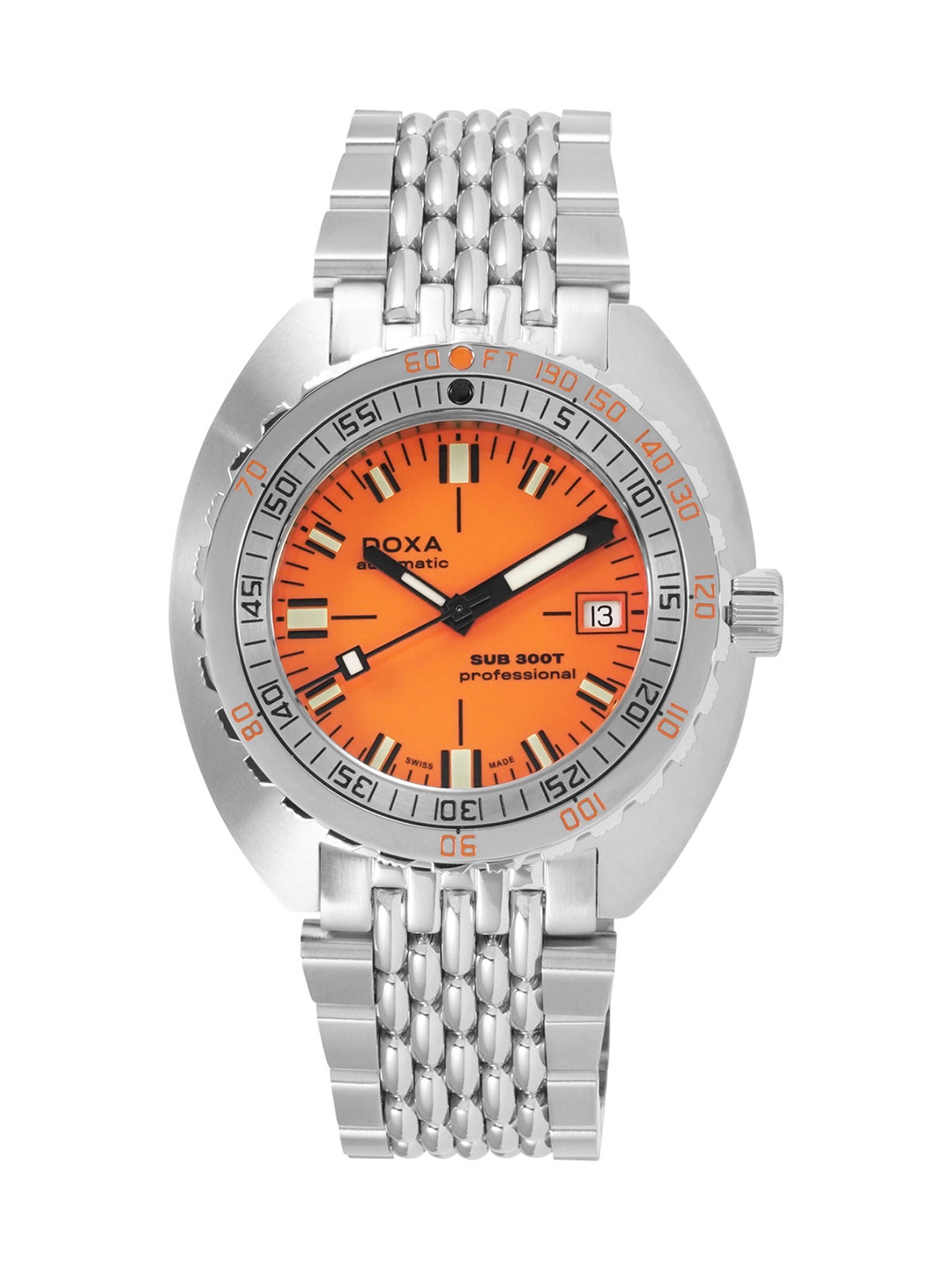 

DOXA Men Orange Embellished Dial & Silver Toned Stainless Steel Bracelet Style Straps Analogue Automatic Watch