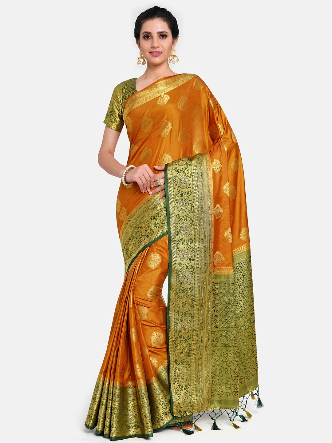 

MIMOSA Orange & Gold-Coloured Woven Design Zari Art Silk Kanjeevaram Saree