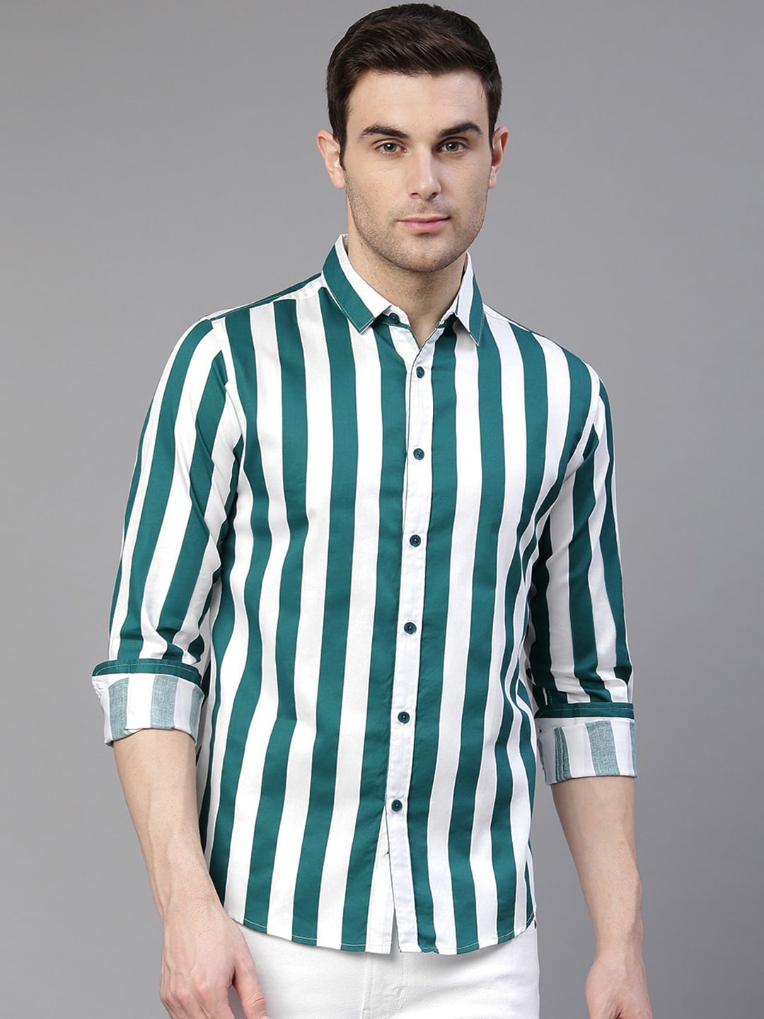 

Dennis Lingo Men Teal Green & White Slim-Fit Striped Pure Cotton Casual Shirt
