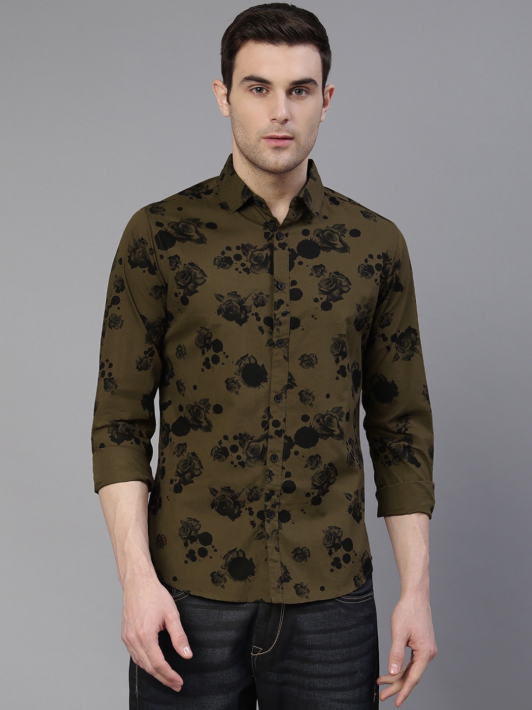 

Dennis Lingo Men Olive Cotton Slim Fit Floral Printed Casual Shirt