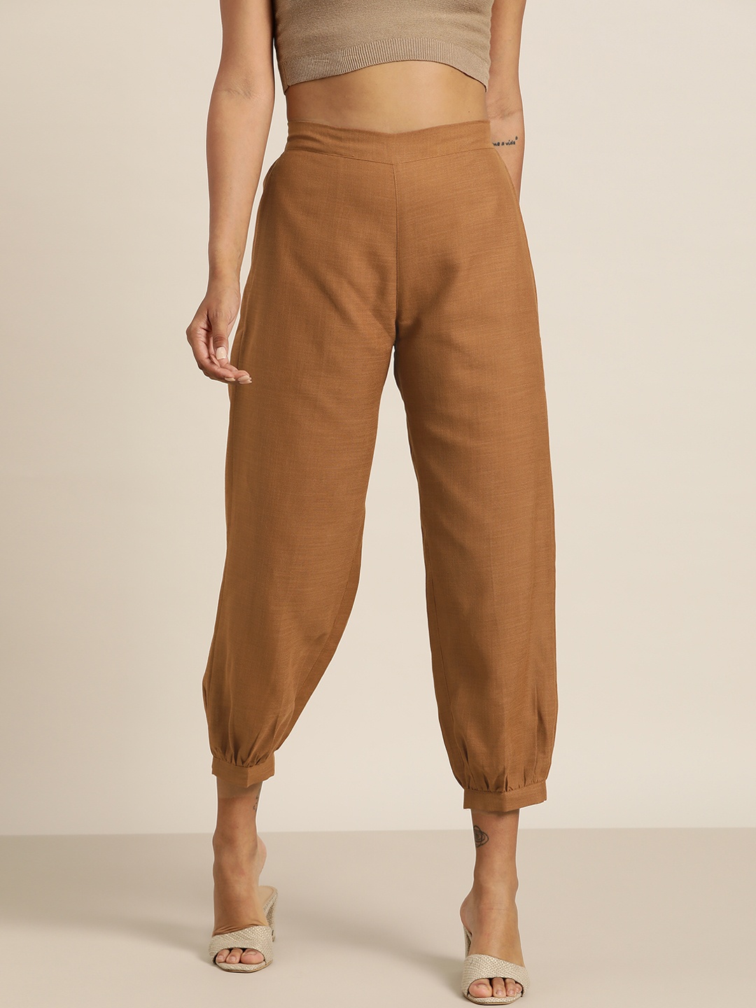 

Shae by SASSAFRAS Women Camel Brown Parallel Cropped Trousers