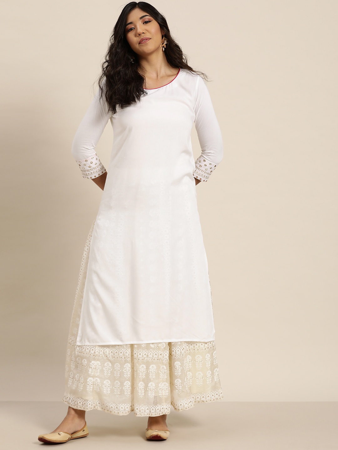 

Shae by SASSAFRAS Women White Solid Mirror Work Liva Straight Kurta