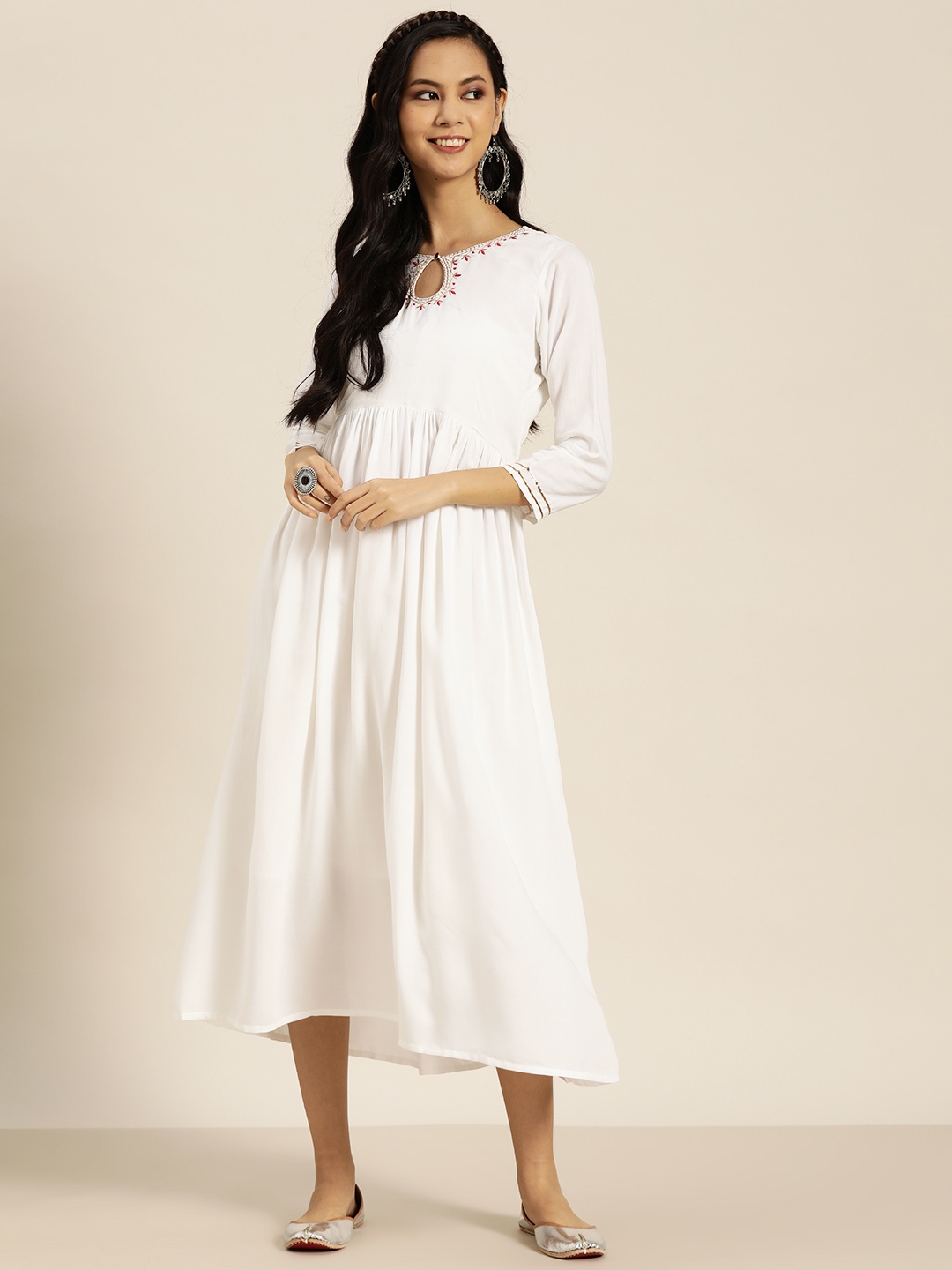 

Shae by SASSAFRAS White Keyhole Neck Liva Zari Ethnic A-Line Dress