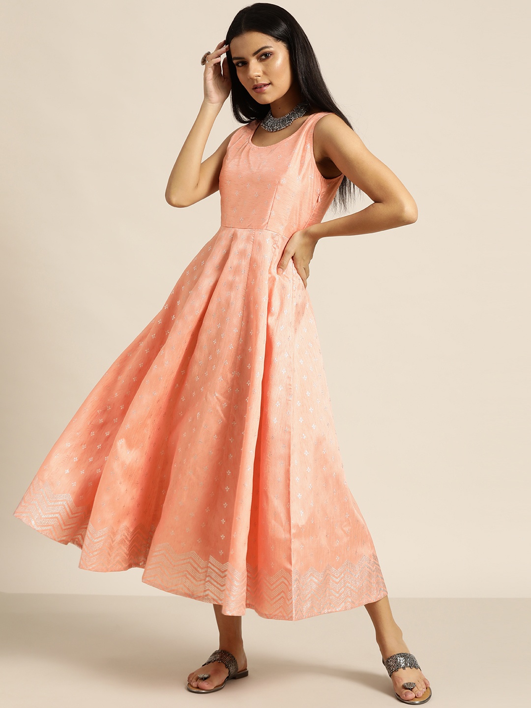 

Shae by SASSAFRAS Peach-Coloured & Silver Foil Ethnic Motifs Print Ethnic Maxi Dress