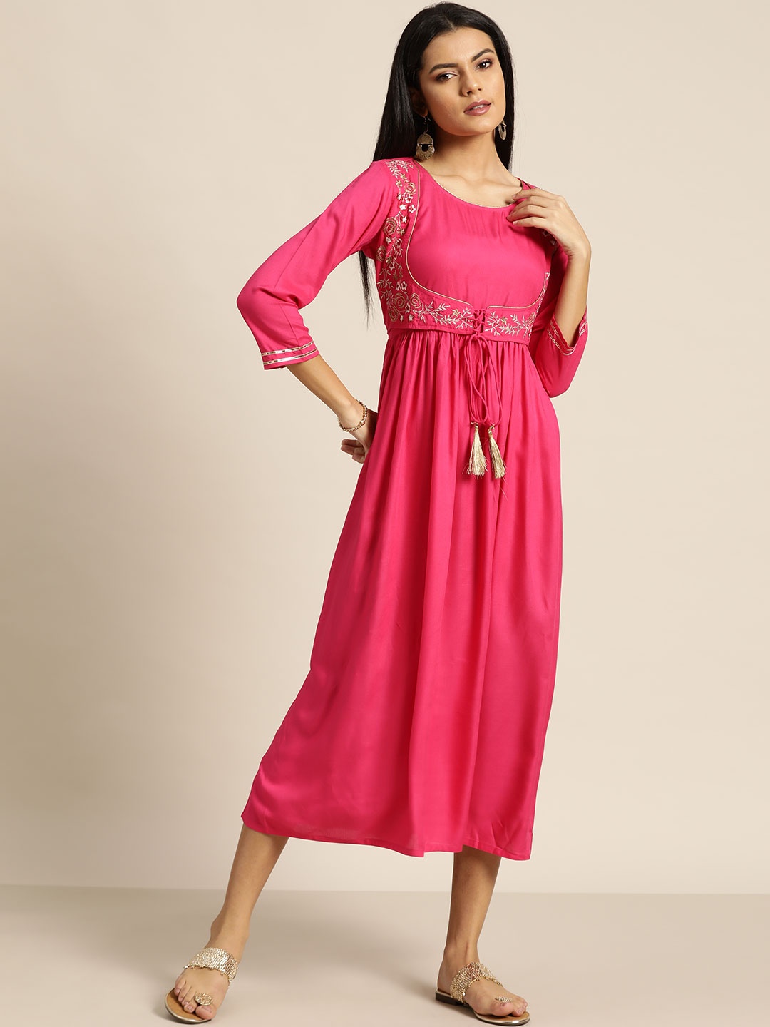 

Shae by SASSAFRAS Pink Zari Embroidered Detail Layered Liva A-Line Midi Dress