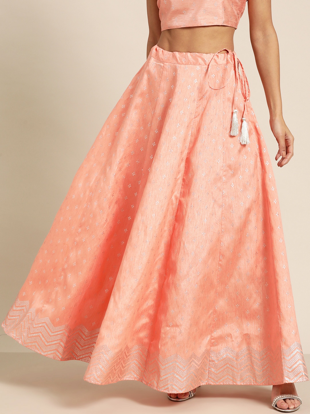 

Shae by SASSAFRAS Women Pink & Silver Foil Print Flared Maxi Skirt, Peach