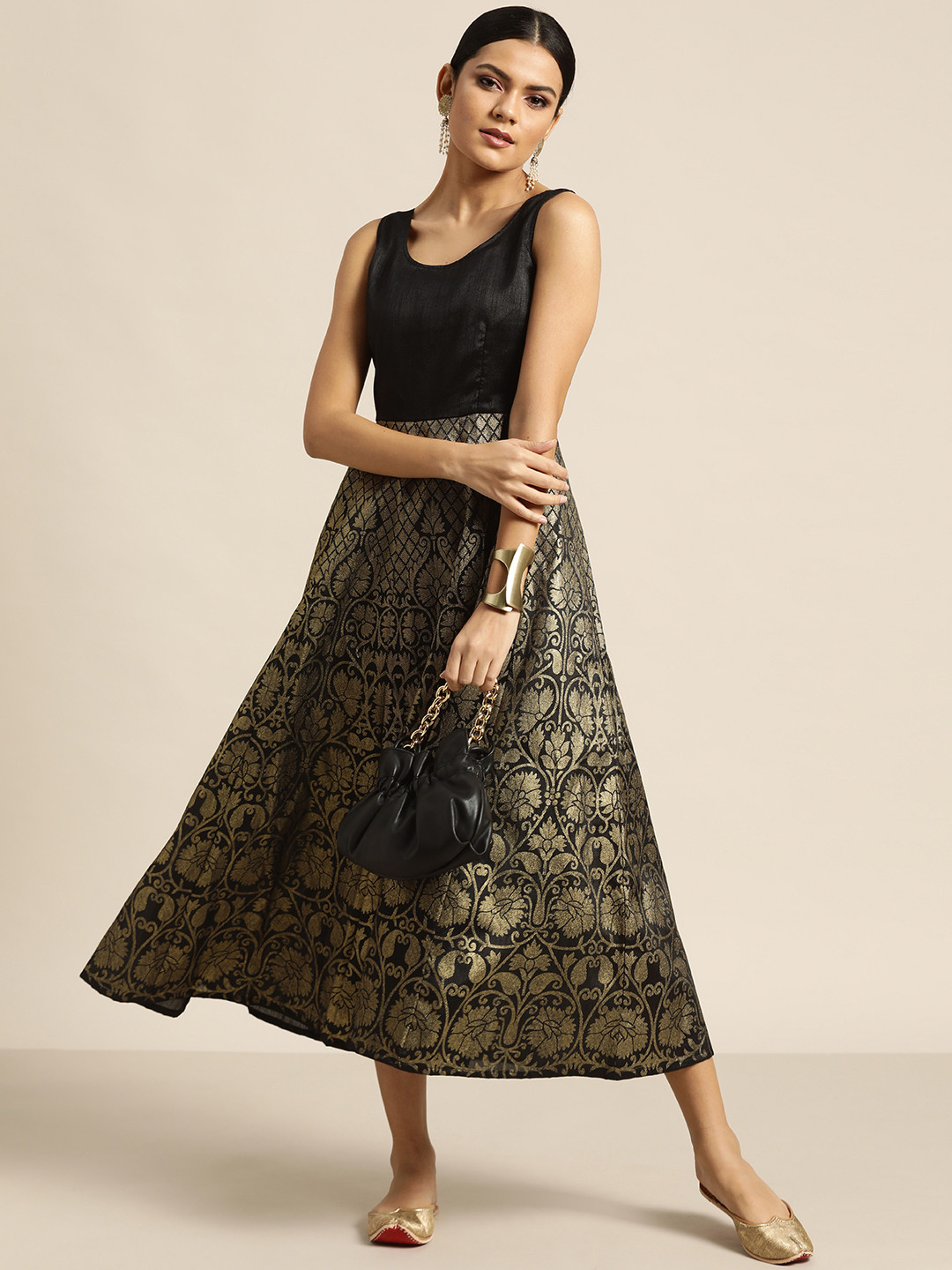 

Shae by SASSAFRAS Black & Golden Foil Print Ethnic Motifs Ethnic A-Line Dress