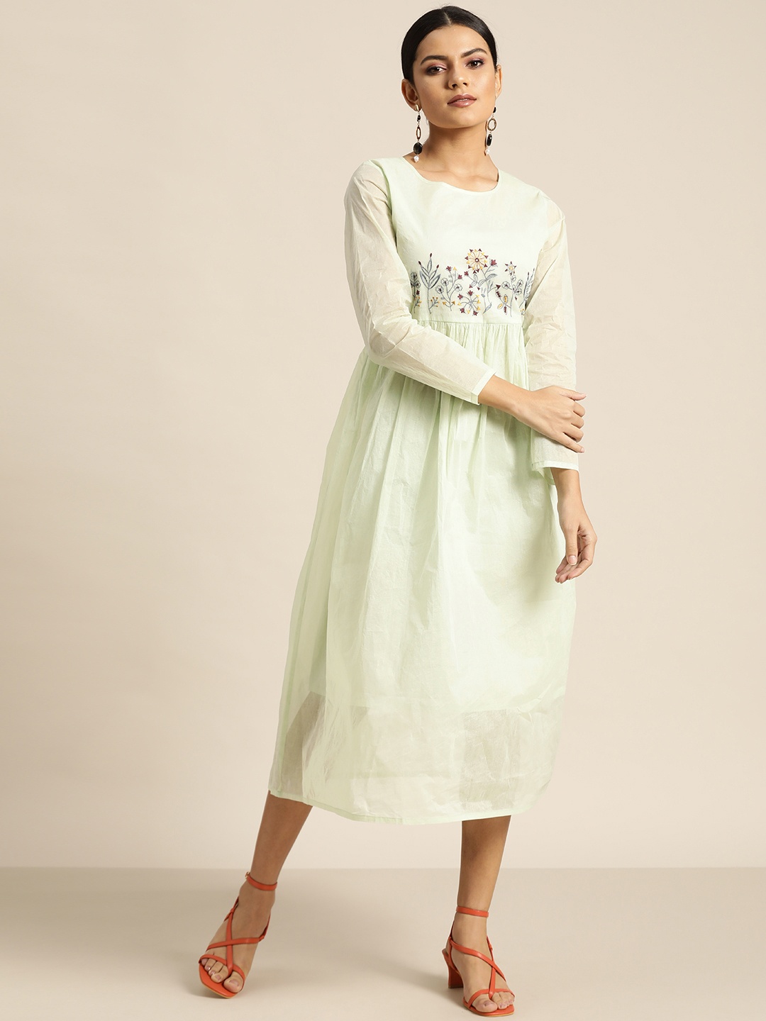 

Shae by SASSAFRAS Sea Green & Red Embroidered Cotton Organdy A-Line Dress
