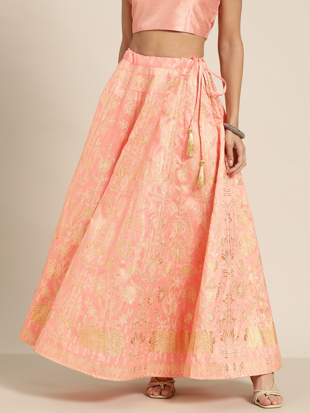 

Shae by SASSAFRAS Women Peach-Coloured & Golden Foil Print Maxi Anarkali Skirt