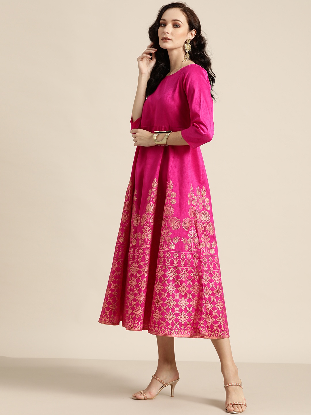 

Shae by SASSAFRAS Fuchsia & Golden Foil Print A-Line Midi Dress