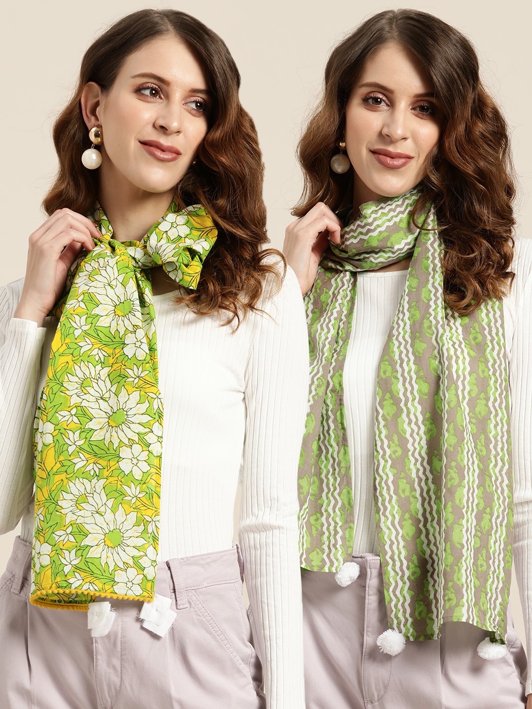 

Shae by SASSAFRAS Women Pack of 2 Cotton Printed Stoles, Green
