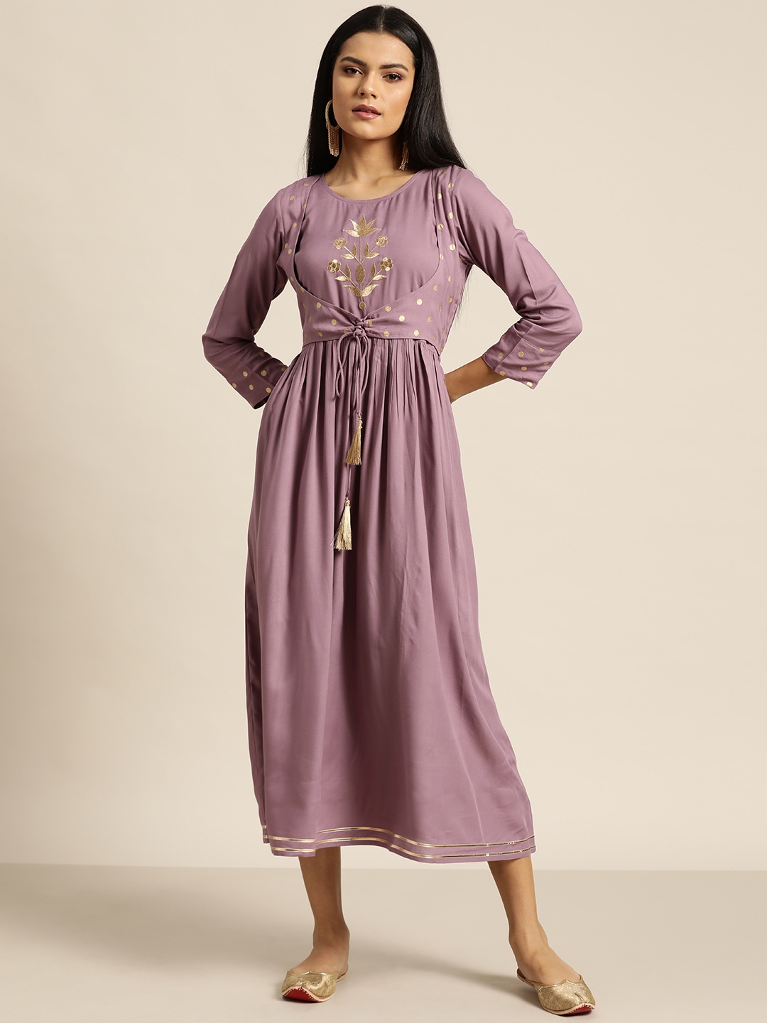 

Shae by SASSAFRAS Mauve Foil Print Liva Ethnic A-Line Midi Dress
