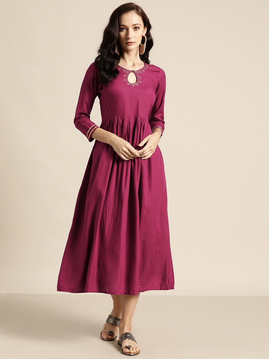 

Shae by SASSAFRAS Magenta Keyhole Neck Liva Ethnic A-Line Midi Dress