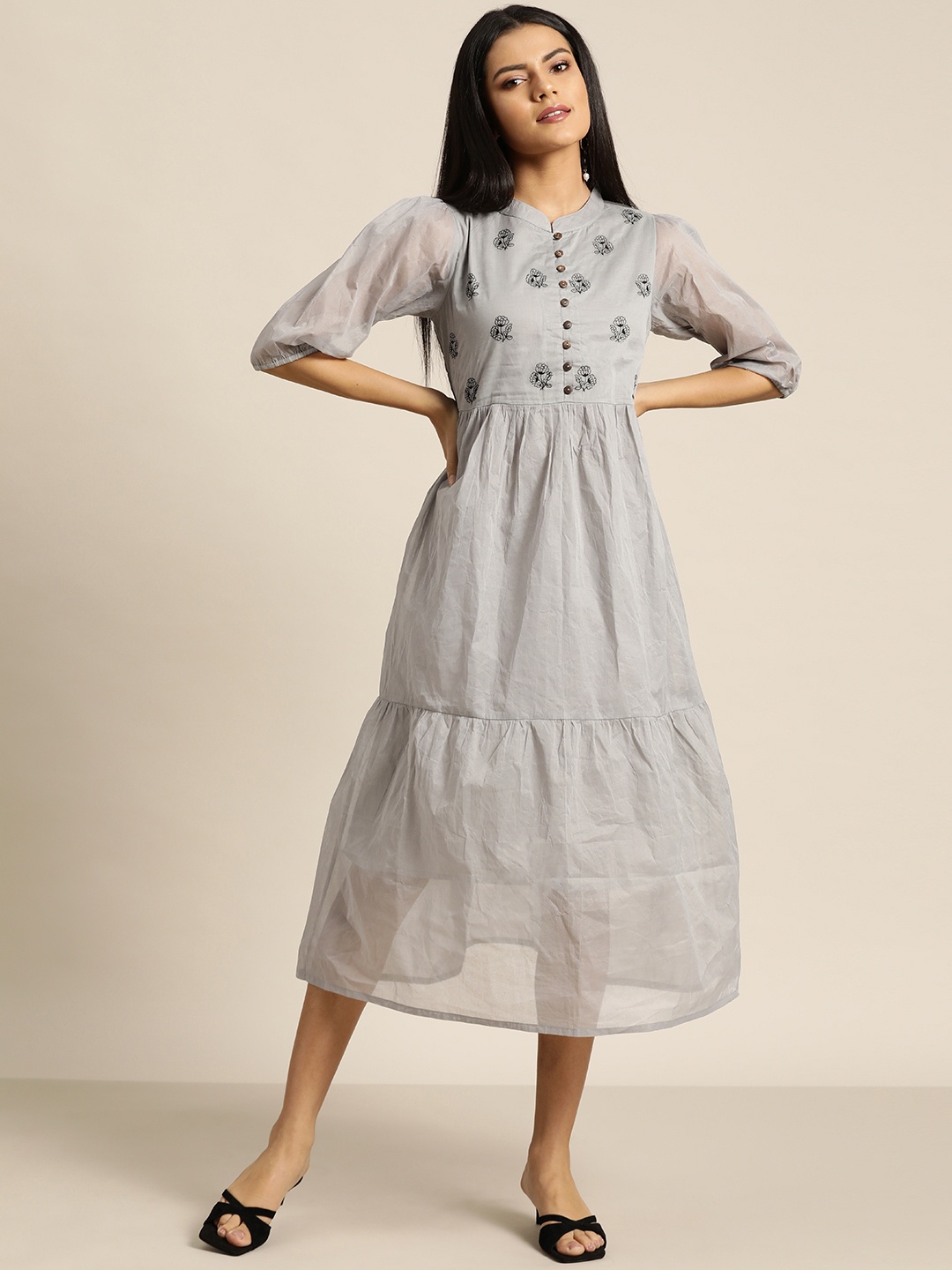 

Shae by SASSAFRAS Grey Ethnic Motifs Embroidered Cotton Organdy Tiered A-Line Midi Dress