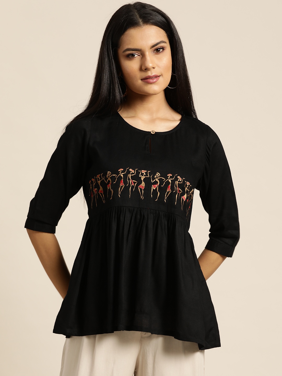 

Shae by SASSAFRAS Black & Red Embroidered Liva A-Line Top