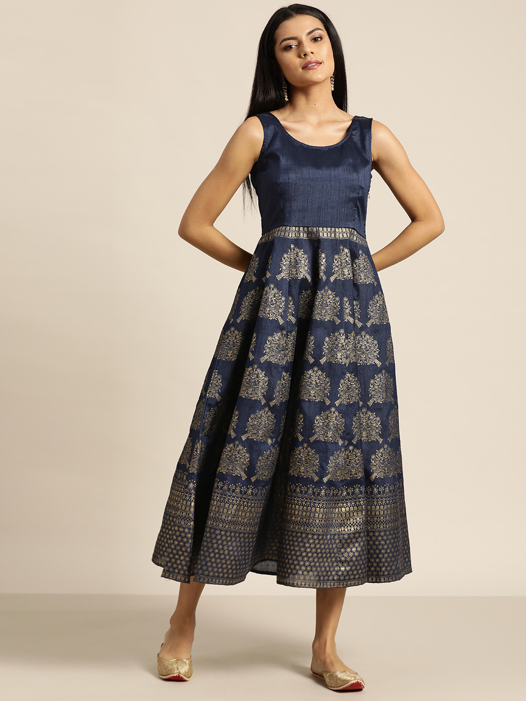 

Shae by SASSAFRAS Navy Blue & Golden Foil Print Sleeveless Midi Ethnic Dress